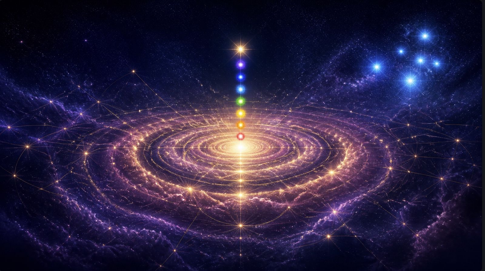 A spiral of light with eight glowing points rising in a column above a star cluster in deep space